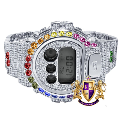 Men's Exclusive Custom Time Piece Solitaire Rainbow Multi Tone White Gold Finish Casio G Shock DW-6900 Watch