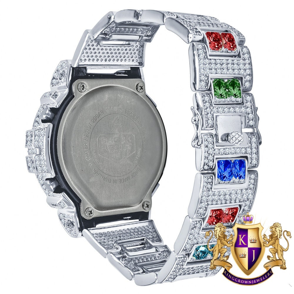 Men's Exclusive Custom Time Piece Solitaire Rainbow Multi Tone White Gold Finish Casio G Shock DW-6900 Watch