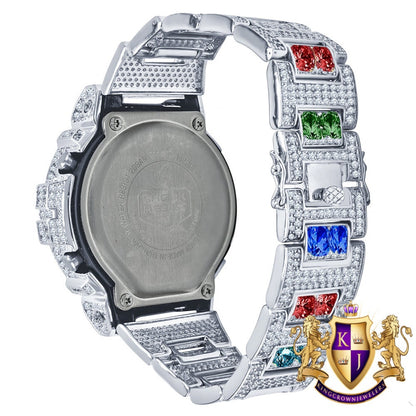Men's Exclusive Custom Time Piece Solitaire Rainbow Multi Tone White Gold Finish Casio G Shock DW-6900 Watch