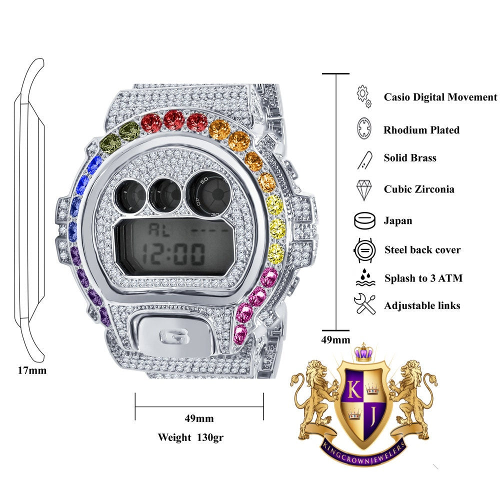 Men's Exclusive Custom Time Piece Solitaire Rainbow Multi Tone White Gold Finish Casio G Shock DW-6900 Watch
