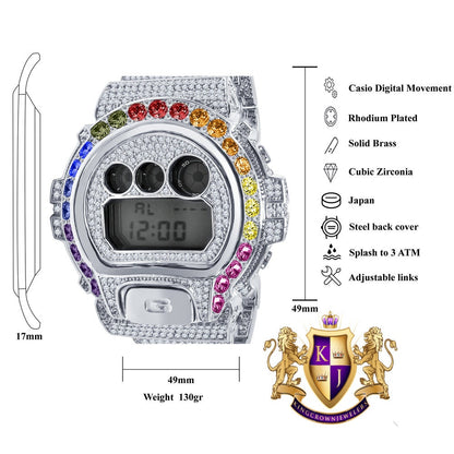Men's Exclusive Custom Time Piece Solitaire Rainbow Multi Tone White Gold Finish Casio G Shock DW-6900 Watch