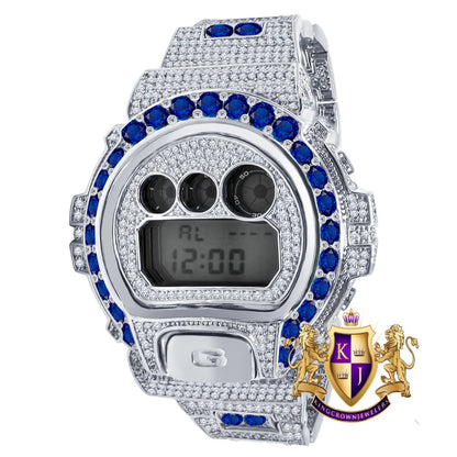 Men's Exclusive Custom Time Piece Solitaire Blue Sapphire White Gold Finish Casio G Shock DW-6900 Watch