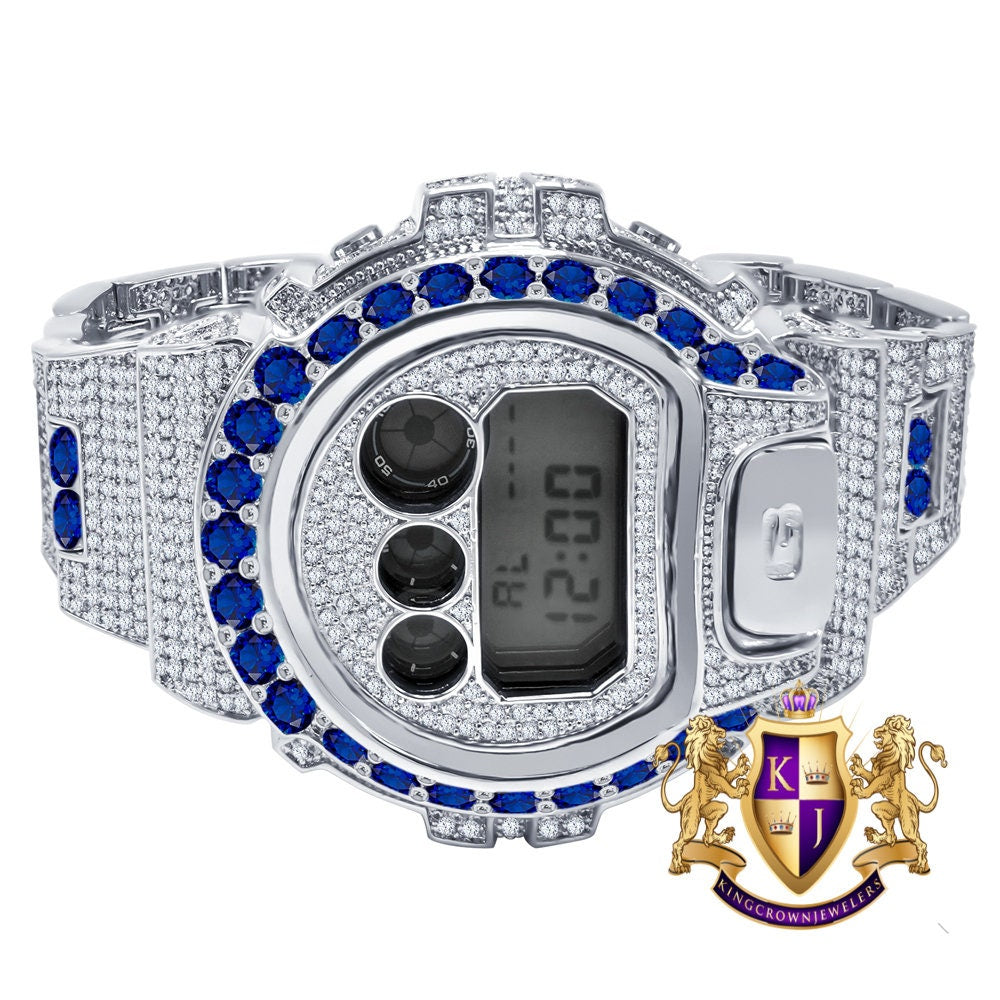 Men's Exclusive Custom Time Piece Solitaire Blue Sapphire White Gold Finish Casio G Shock DW-6900 Watch