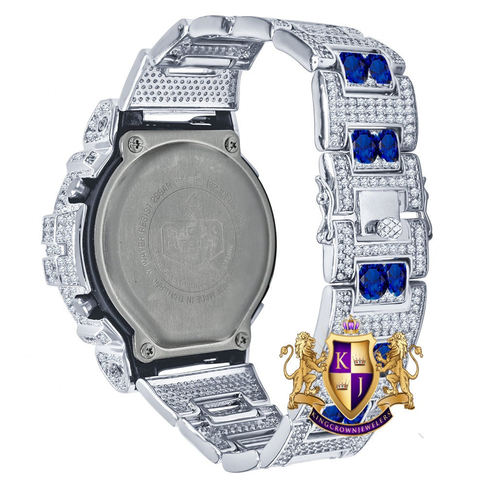 Men's Exclusive Custom Time Piece Solitaire Blue Sapphire White Gold Finish Casio G Shock DW-6900 Watch