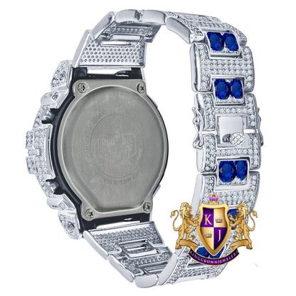Men's Exclusive Custom Time Piece Solitaire Blue Sapphire White Gold Finish Casio G Shock DW-6900 Watch