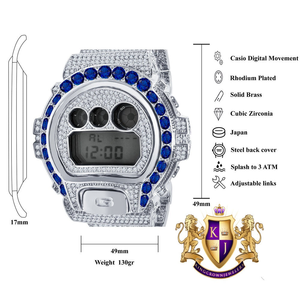 Men's Exclusive Custom Time Piece Solitaire Blue Sapphire White Gold Finish Casio G Shock DW-6900 Watch