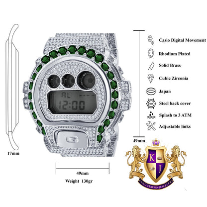 Men's Exclusive Custom Time Piece Solitaire Green Emerald White Gold Finish Casio G Shock DW-6900 Watch