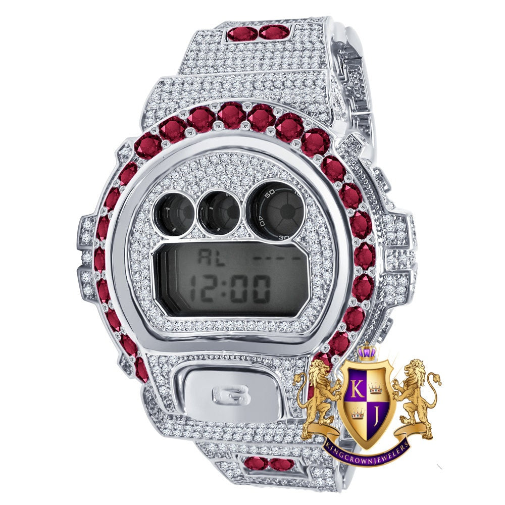 Men's Exclusive Custom Time Piece Solitaire Dark Pink White Gold Finish Casio G Shock DW-6900 Watch