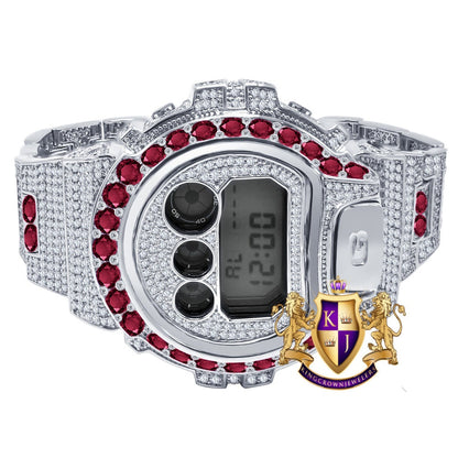 Men's Exclusive Custom Time Piece Solitaire Dark Pink White Gold Finish Casio G Shock DW-6900 Watch