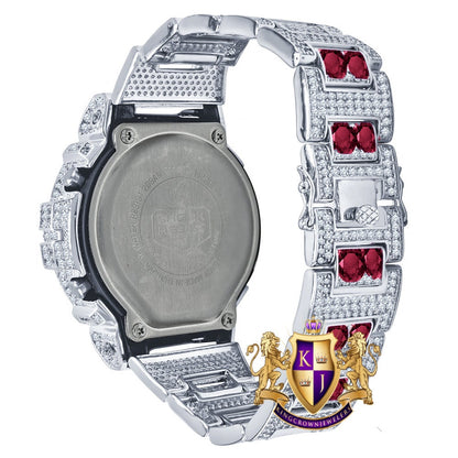 Men's Exclusive Custom Time Piece Solitaire Dark Pink White Gold Finish Casio G Shock DW-6900 Watch