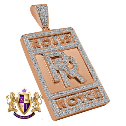 14K Rose Gold On Genuine Sterling Silver Simulated Diamond Luxury Car "RR" Custom Pendent Charm 2.65''