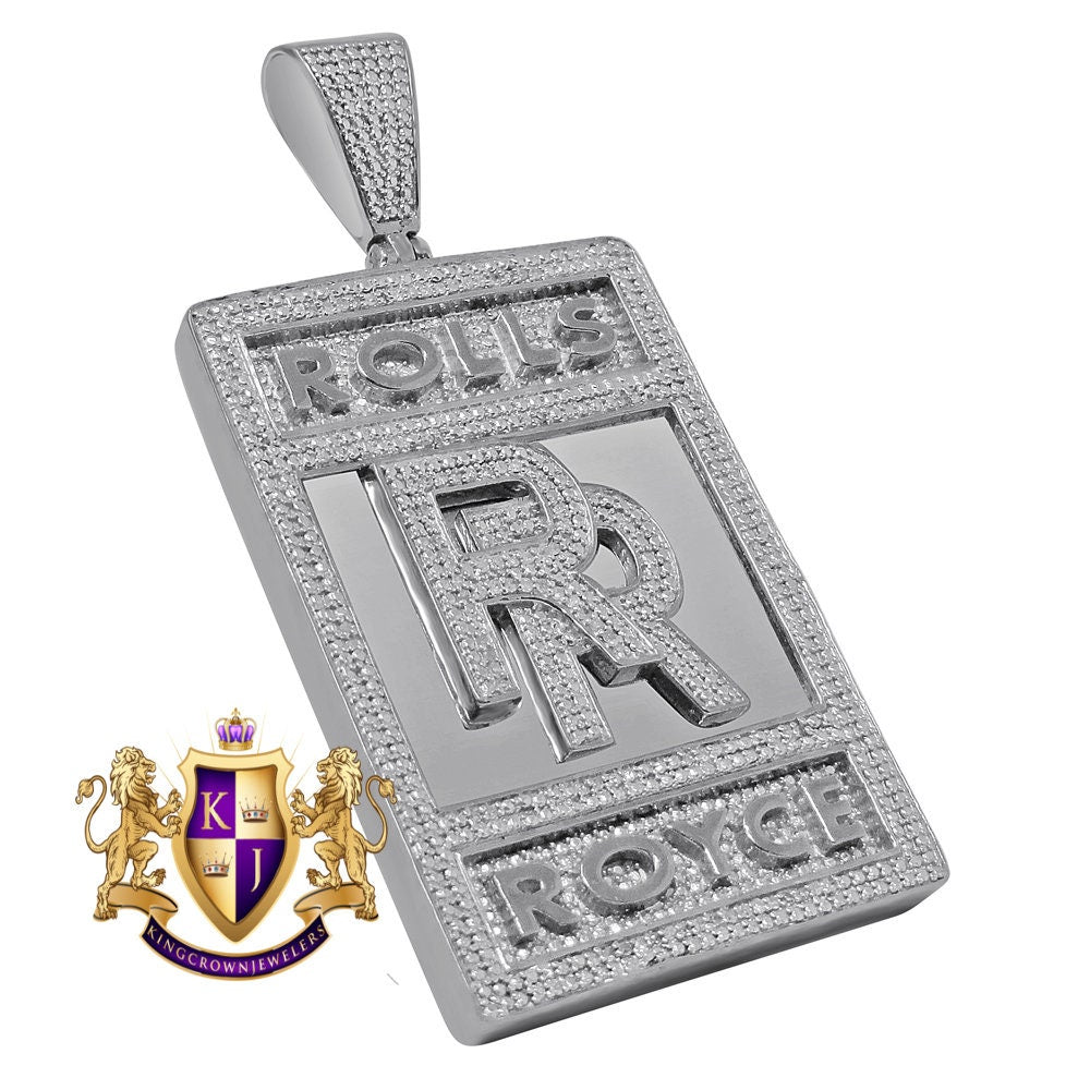 14K White Gold On Genuine Sterling Silver Simulated Diamond Luxury Car "RR" Custom Pendent Charm 2.65''