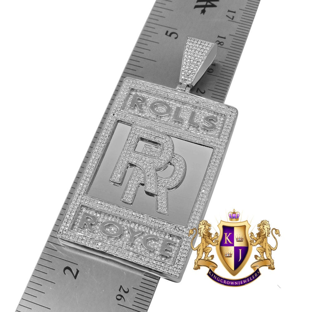 14K White Gold On Genuine Sterling Silver Simulated Diamond Luxury Car "RR" Custom Pendent Charm 2.65''
