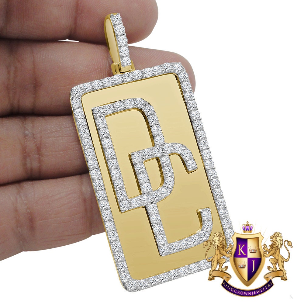 Real Yellow Gold Sterling Silver Simulated Diamond Dream Chaser Frame Dog Tag Pendant Custom Charm 2.75''