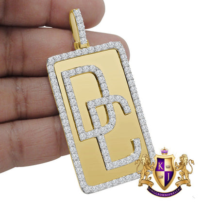 Real Yellow Gold Sterling Silver Simulated Diamond Dream Chaser Frame Dog Tag Pendant Custom Charm 2.75''