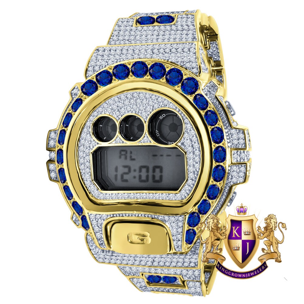 Men's Exclusive Custom Time Piece Solitaire Blue Sapphire 14K Gold Finish Casio G Shock DW-6900 Watch