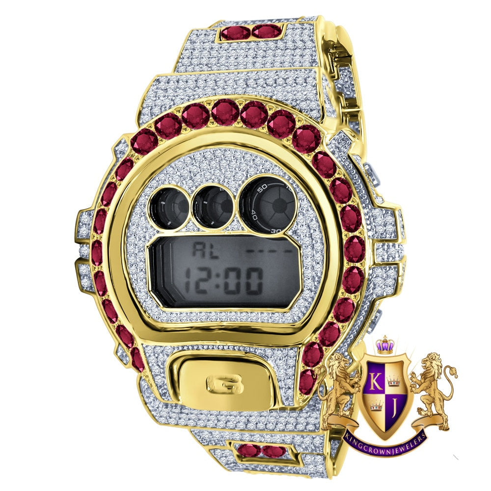 Men's Exclusive Custom Time Piece Solitaire Dark Pink Yellow Gold Finish Casio G Shock DW-6900 Watch