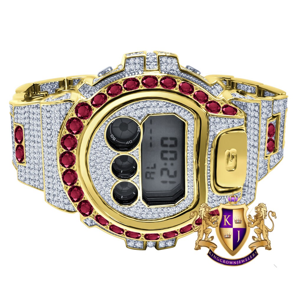 Men's Exclusive Custom Time Piece Solitaire Dark Pink Yellow Gold Finish Casio G Shock DW-6900 Watch