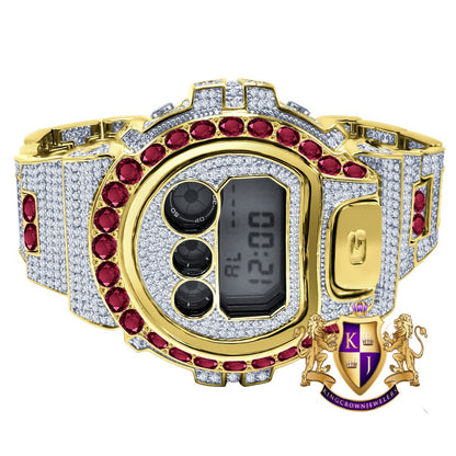 Men's Exclusive Custom Time Piece Solitaire Dark Pink Yellow Gold Finish Casio G Shock DW-6900 Watch