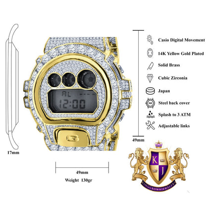 Men's Exclusive Custom Time Piece Solitaire Yellow Gold Finish Simulated Diamond Casio G Shock DW-6900 Watch