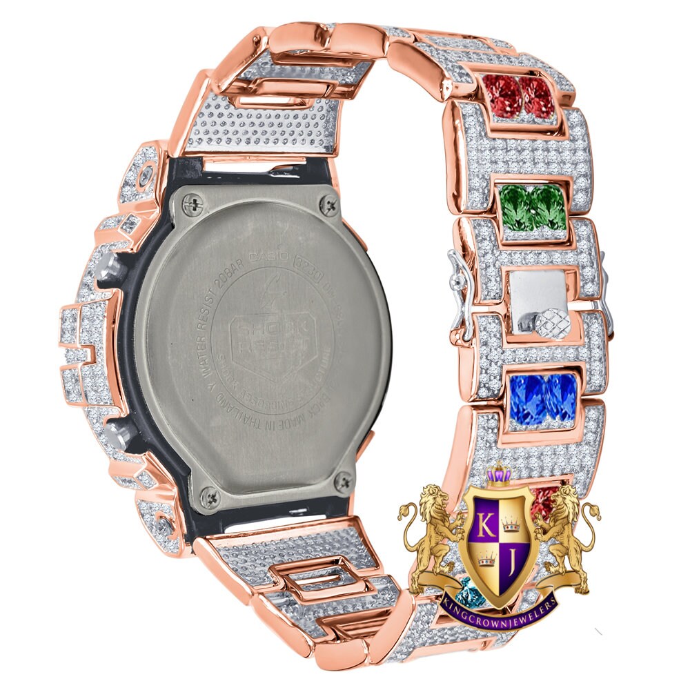 Rose Gold Men's Exclusive Custom Time Piece Solitaire Rainbow Multi Tone Casio G Shock DW-6900 Watch