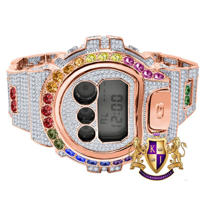 Rose Gold Men's Exclusive Custom Time Piece Solitaire Rainbow Multi Tone Casio G Shock DW-6900 Watch