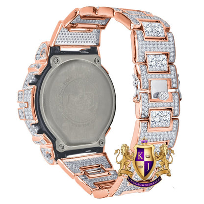 Men's Exclusive Custom Time Piece Solitaire Rose Gold Finish Simulated Diamond Casio G Shock DW-6900 Watch