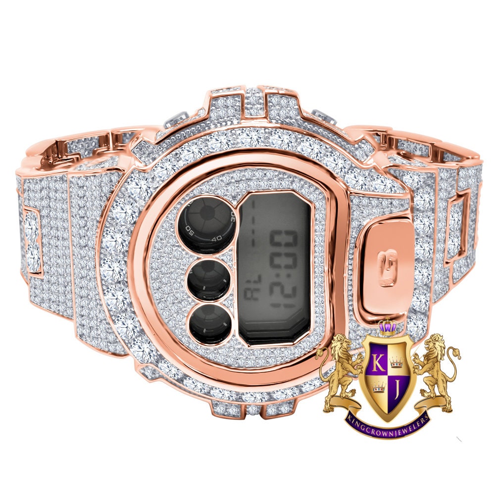 Men's Exclusive Custom Time Piece Solitaire Rose Gold Finish Simulated Diamond Casio G Shock DW-6900 Watch