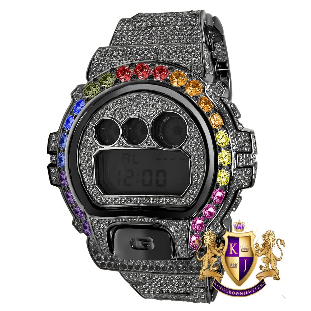 Black Gold Finish Men's Exclusive Custom Time Piece Solitaire Rainbow Multi Tone Casio G Shock DW-6900 Watch