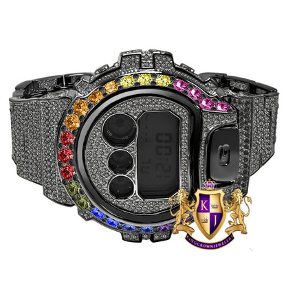 Black Gold Finish Men's Exclusive Custom Time Piece Solitaire Rainbow Multi Tone Casio G Shock DW-6900 Watch