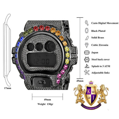 Black Gold Finish Men's Exclusive Custom Time Piece Solitaire Rainbow Multi Tone Casio G Shock DW-6900 Watch