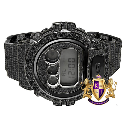 Men's Exclusive Custom Time Piece Solitaire Black Gold Finish Simulated Diamond Casio G Shock DW-6900 Watch