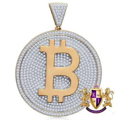41+ Grams Men's Big XL 3'' 14K Gold On Real Sterling Silver Bitcoin Cryptocurrency Pendant Simulated Diamond Medallion Charm