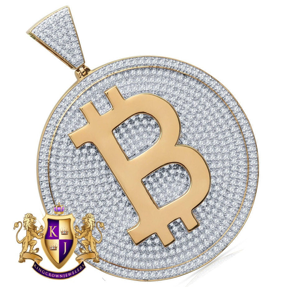 41+ Grams Men's Big XL 3'' 14K Gold On Real Sterling Silver Bitcoin Cryptocurrency Pendant Simulated Diamond Medallion Charm