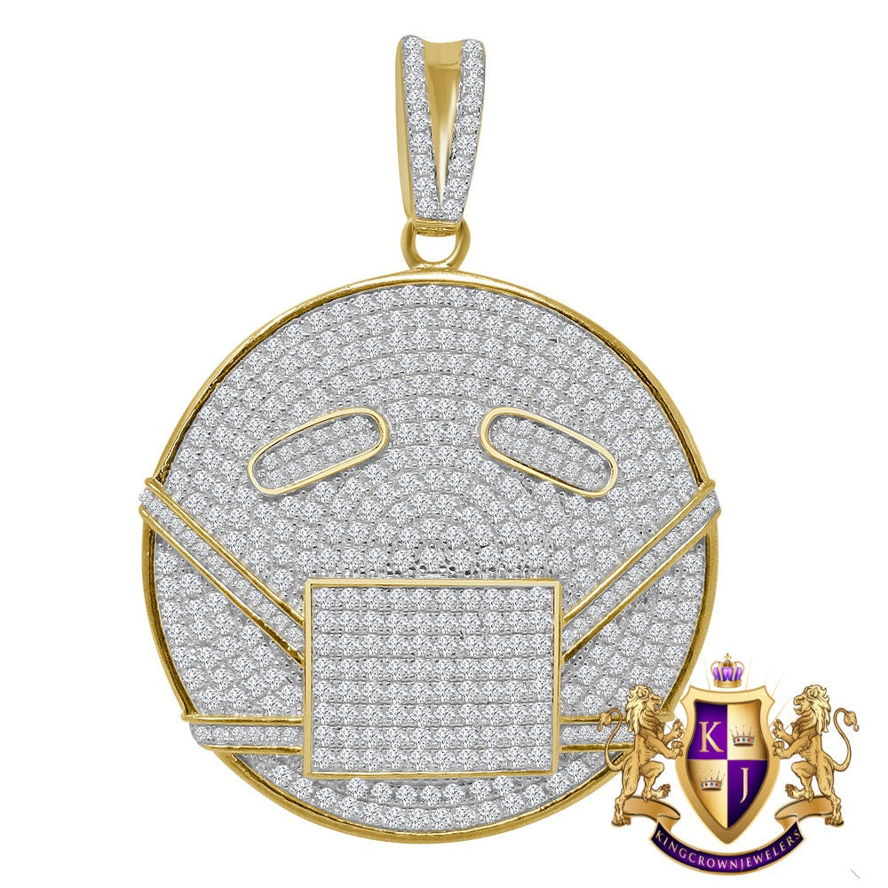 Men's Real Sterling Silver 14K Gold Finish Simulated Diamond Masked Face Emoji Charm Custom Pendent
