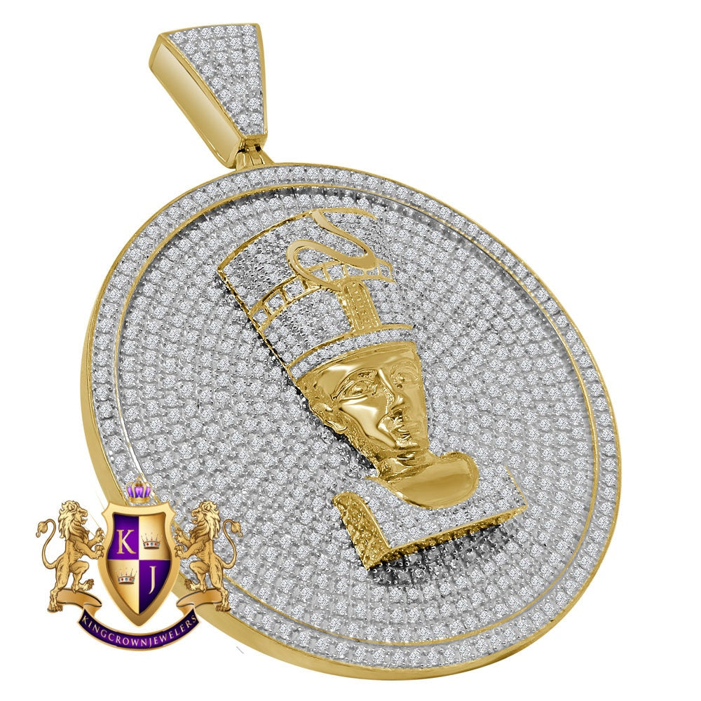 10K Yellow Gold On Real Sterling Silver Simulated Diamond Egyptian Queen Nefertiti Pendant Charm Medallion 3''