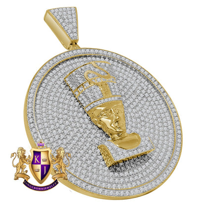10K Yellow Gold On Real Sterling Silver Simulated Diamond Egyptian Queen Nefertiti Pendant Charm Medallion 3''