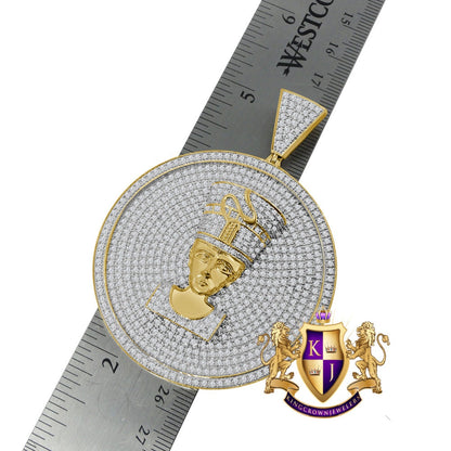 10K Yellow Gold On Real Sterling Silver Simulated Diamond Egyptian Queen Nefertiti Pendant Charm Medallion 3''