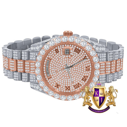 2 Tone Rose Gold Full Steel Day/Date Roman Face Solitaire Bezel Iced Out Dial & Band Men's Diamond Watch 40mm - Crown