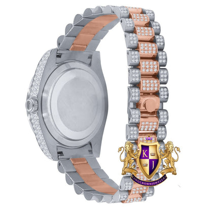 2 Tone Rose Gold Full Steel Day/Date Roman Face Solitaire Bezel Iced Out Dial & Band Men's Diamond Watch 40mm - Crown