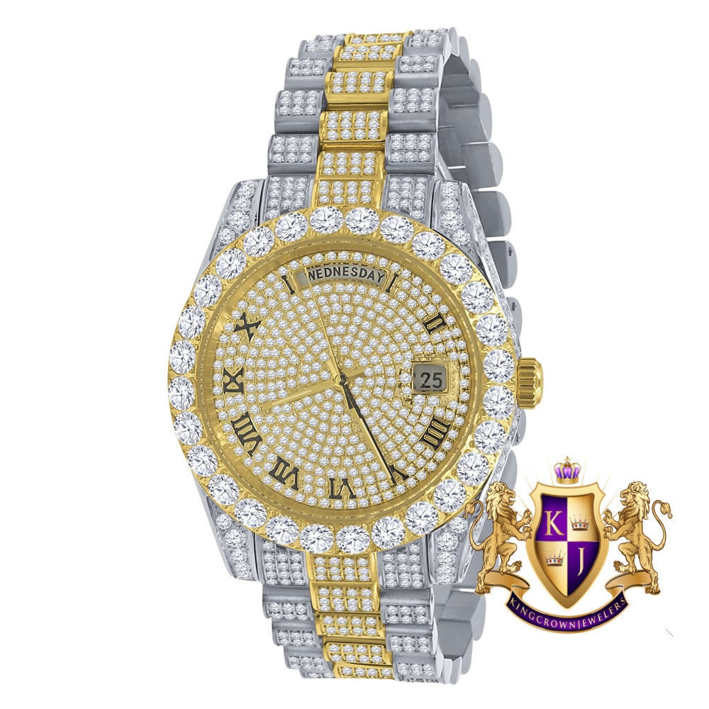 2 Tone Gold Full Steel Day/Date Roman Face Solitaire Bezel Iced Out Dial & Band Men's Diamond Watch 40mm - Crown
