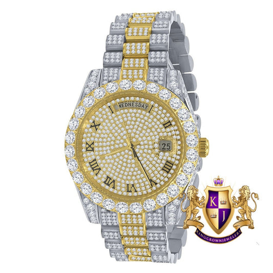 2 Tone Gold Full Steel Day/Date Roman Face Solitaire Bezel Iced Out Dial & Band Men's Diamond Watch 40mm - Crown