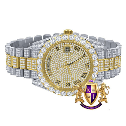 2 Tone Gold Full Steel Day/Date Roman Face Solitaire Bezel Iced Out Dial & Band Men's Diamond Watch 40mm - Crown