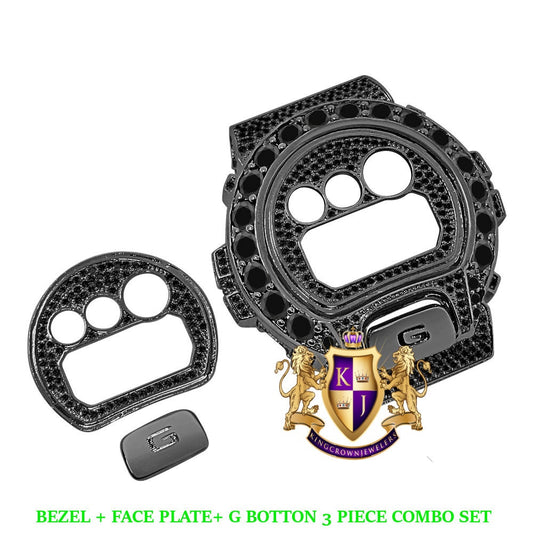 Solitaire Black Gold G Shock DW-6900 Simulated Diamond Watch Custom Cover Case Face Plate + Bezel + G Button 3 Piece Set
