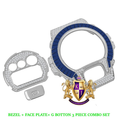 Baguette Sapphire Blue White Gold Tone G Shock DW-6900 Simulated Diamond Watch Custom Cover Case Face Plate + Bezel + G Button 3 Piece Set