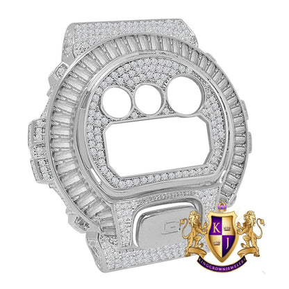 Baguette White Gold Finish G Shock DW-6900 Simulated Diamond Watch Custom Cover Case Face Plate + Bezel + G Button 3 Piece Set