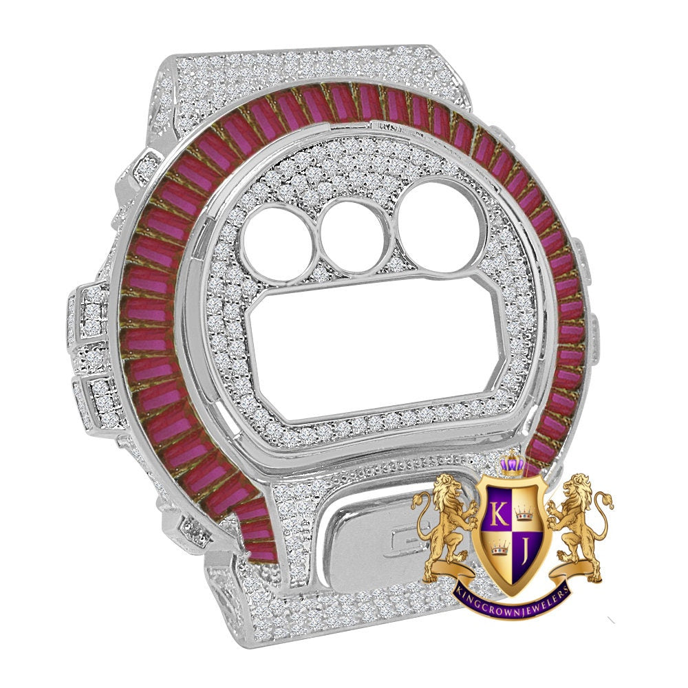 Baguette Pink White  Gold Tone G Shock DW-6900 Simulated Diamond Watch Custom Cover Case Face Plate + Bezel + G Button 3 Piece Set