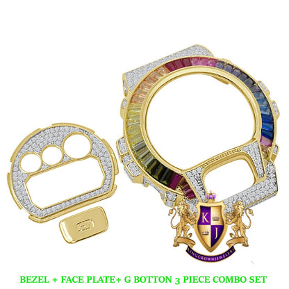 Baguette Rainbow Multi Yellow Gold Tone G Shock DW-6900 Simulated Diamond Watch Custom Cover Case Face Plate + Bezel + G Button 3 Piece Set