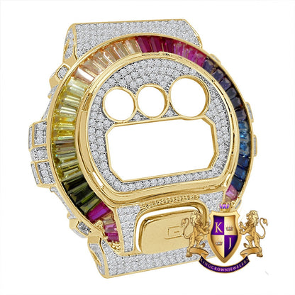Baguette Rainbow Multi Yellow Gold Tone G Shock DW-6900 Simulated Diamond Watch Custom Cover Case Face Plate + Bezel + G Button 3 Piece Set