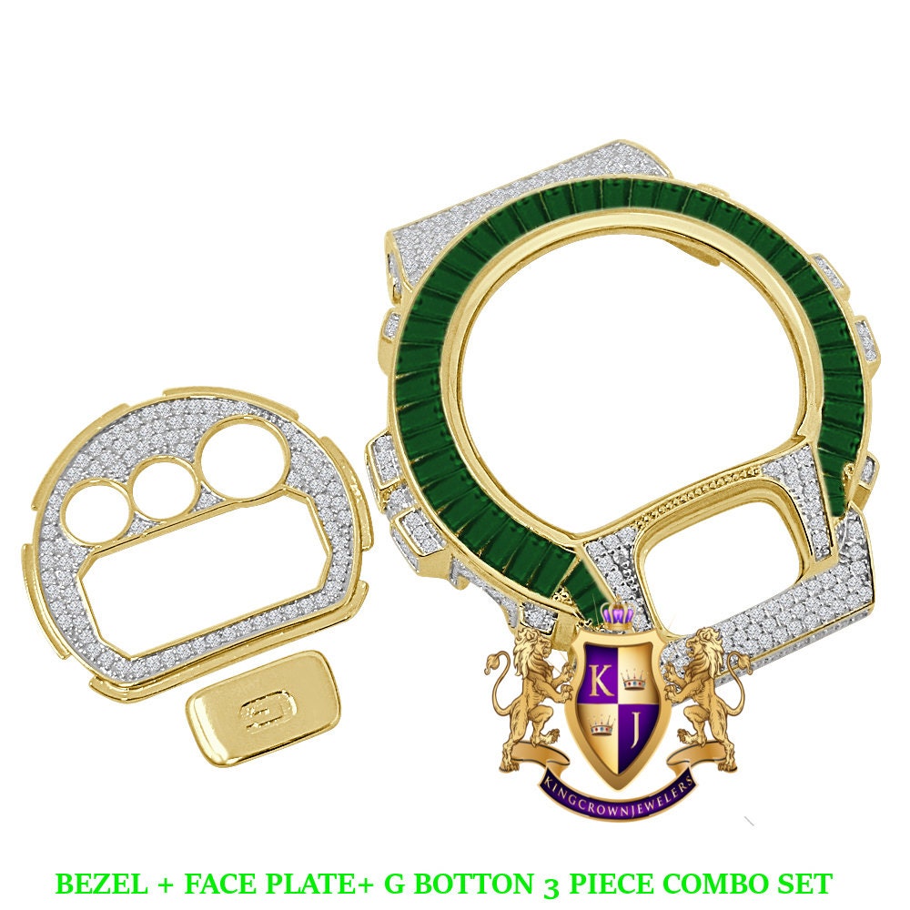 Baguette Emerald Green Yellow Gold Tone G Shock DW-6900 Simulated Diamond Watch Custom Cover Case Face Plate + Bezel + G Button 3 Piece Set